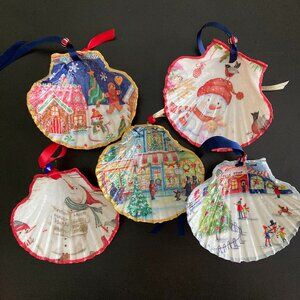 Set of 5 Decoupaged Scallop Shell Retro Vintage Look Christmas Ornaments